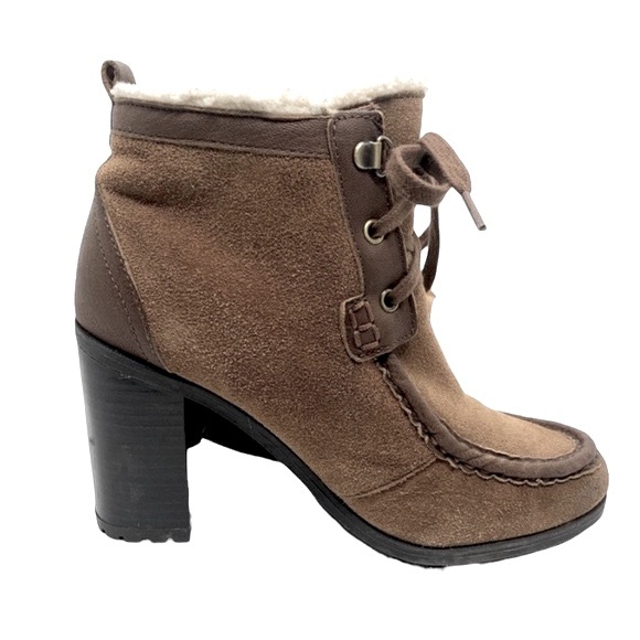 Sam Edelman Madge Leather Boot Tan 8 Faux Sherpa Lining Lace Up High-Heel Bootie - Picture 1 of 13
